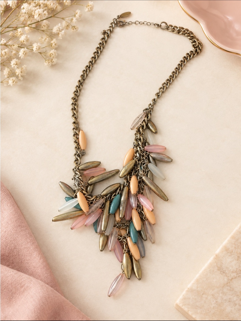 Multicolor Cascade Statement Necklace - Pastel Glass Beads
